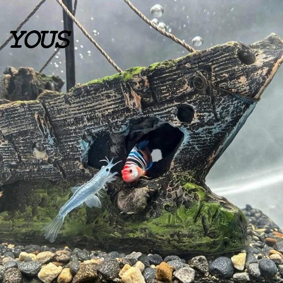 Shrimp Hiding Place Ornament Aquarium Ornament, Solid Resin Sunken Ship Decoration with Hollow Holes, Aquatic Habitat Fish Tank Landscaping Decor