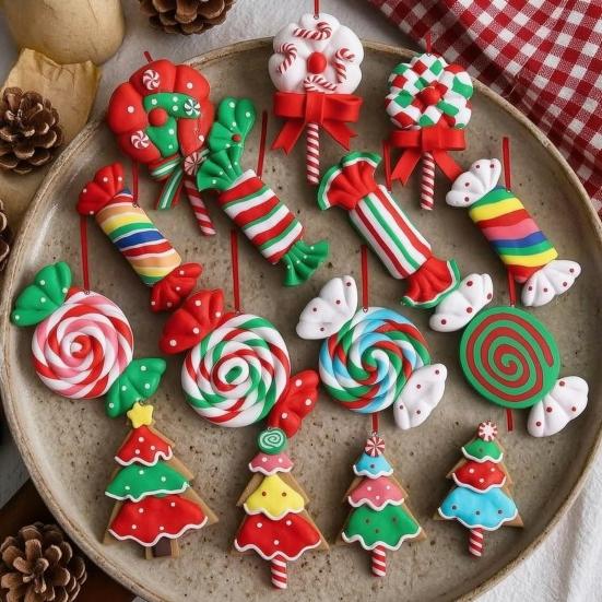 Christmas Gift Decorations 16 Pcs Lollipop Ornaments, Red Green Striped Peppermint Swirl Candy Cane Wooden Tree Pendants Hanging Decoration, Colorful