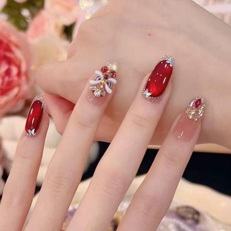 2026 New Year Wearable Lion Dance Cat Eye Manicure: Handmade Removable False Fingernail Stickers.