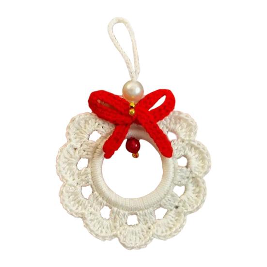 Crochet Christmas Wreath Ornaments Small Handmade Knit Wreath Hanging Ornament with Bow for Xmas Tree Holiday Home Decor