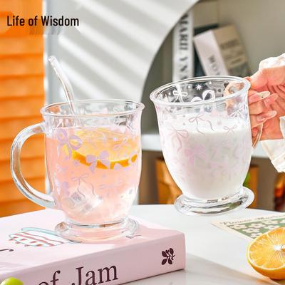 Floral Bow Large Capacity Glass Cup with Handle
