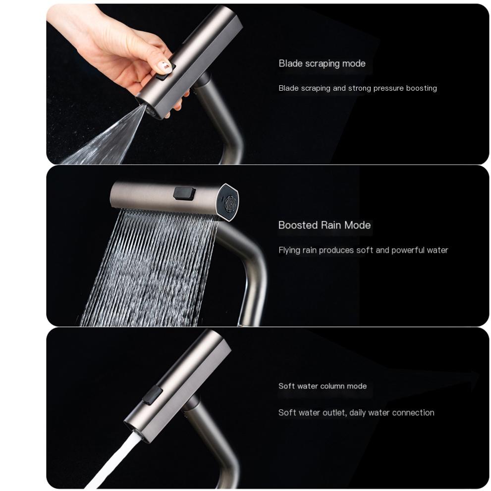 LED Gray Kitchen Faucets Pull Out Rotation Waterfall Stream Sprayer Head Hot -Cold Water Faucet Wash Basin Rotation Water Tap