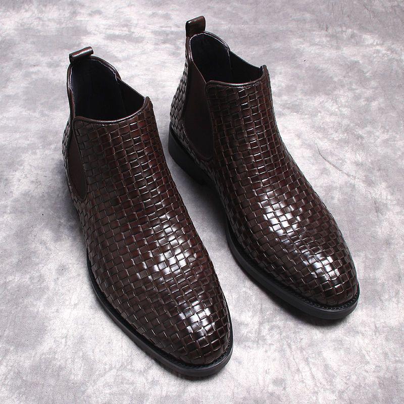 Men's Korean Style Woven Leather Slip-On Chelsea Boots