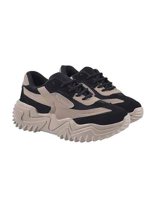Chunky Platform Sneakers for Women Colorblock || Lace-Up Athletic Shoes with Wavy Sole Design Casual and Party