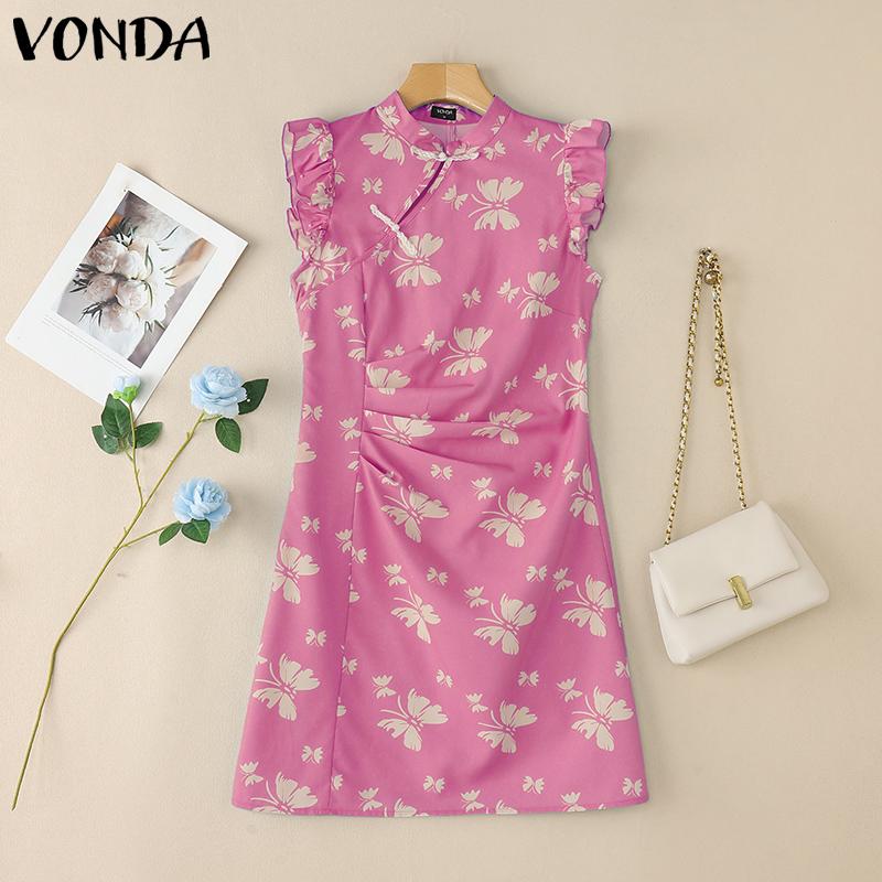 

VONDA Vintage Women Stand Neck Sleeveless Floral Print Retro Style Casual Tank Dress 2XL розовый