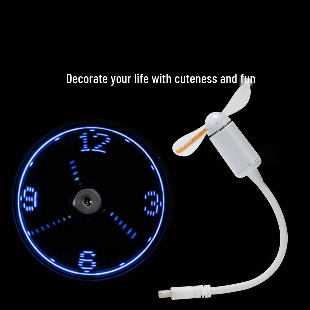 USB LED Clock Fan with Flashing Words - Desktop Gift and Office Gadget