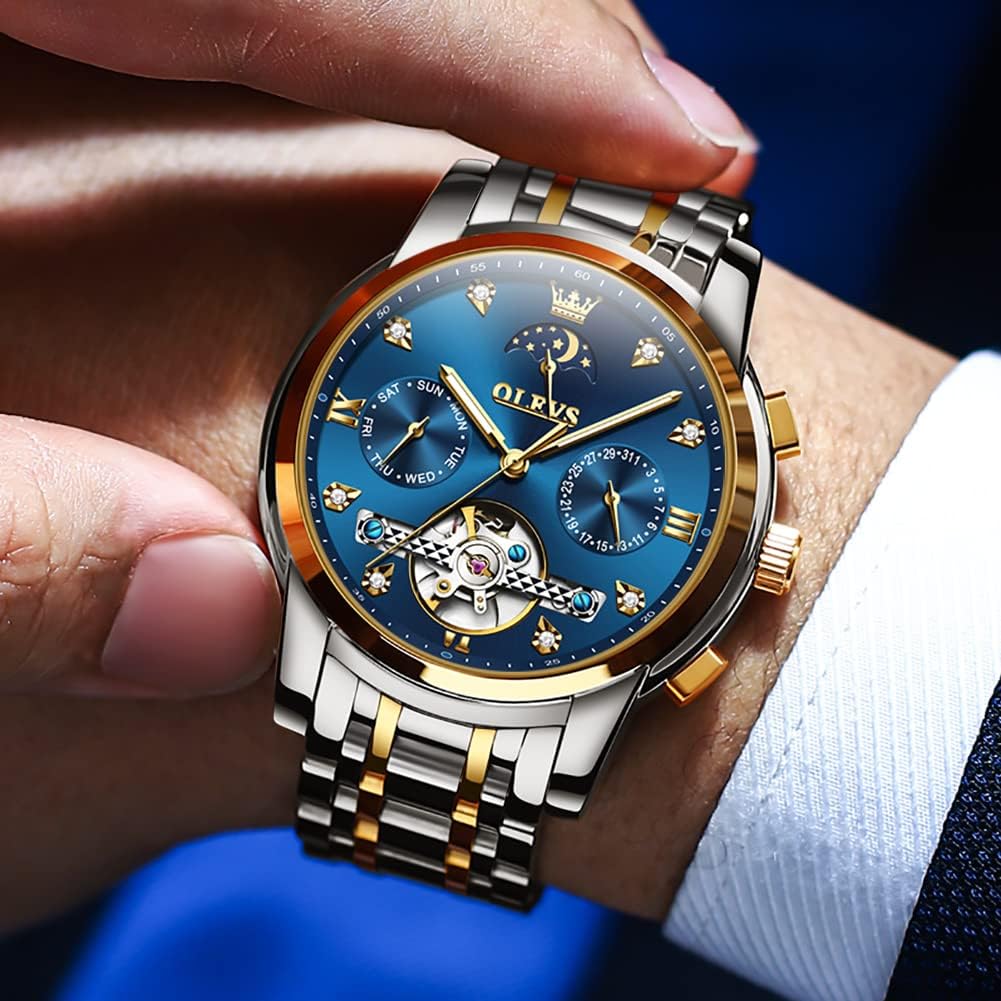 OLEVS Automatic Stylish Mechanical Day Popular Business Watch for Luminous Cool Date Skeleton Job Hunting Men's Watch, Wristwatch, Father's Gift, Men,
