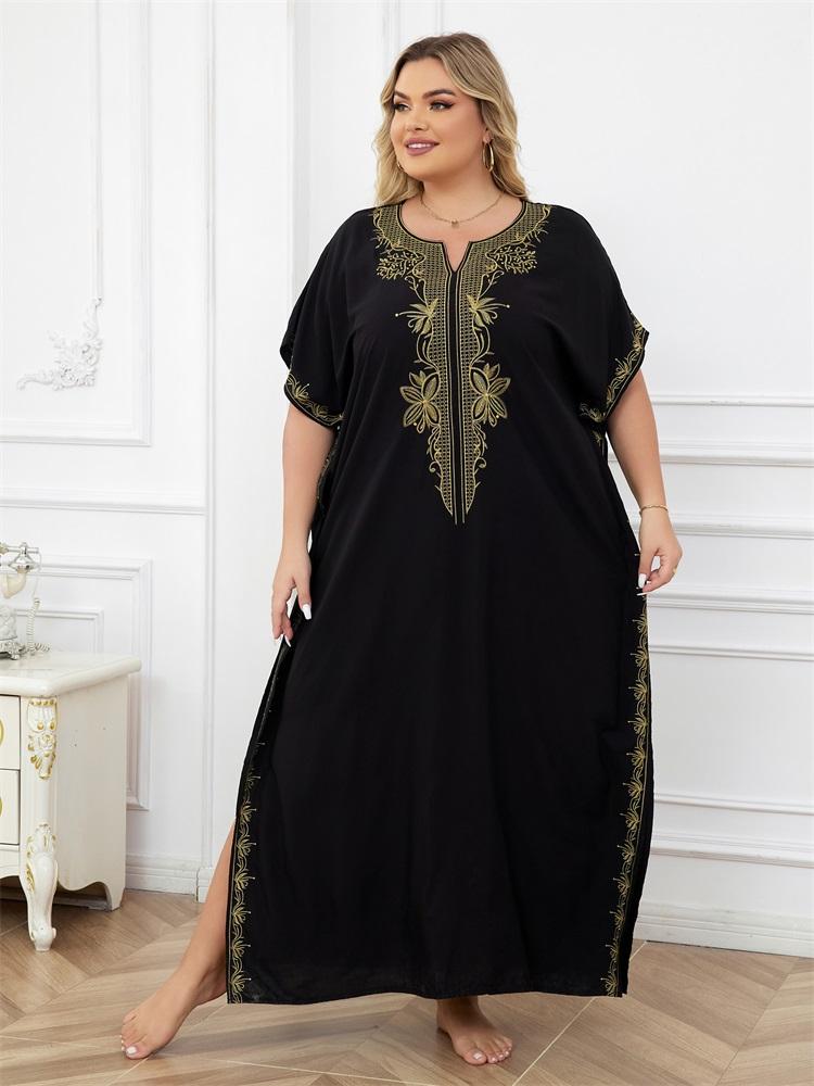 EDOLYNSA Gold besticktes Damen-Kaftan-Gewand in Schwarz, lockerer Schnitt, Strandmode, Badeanzug, Homewear, böhmisches Strandkleid Q1656