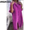 IHUASU Women's Fashion Summer Spring Solid Color Print POLO Neck High Waist Casual Dresses