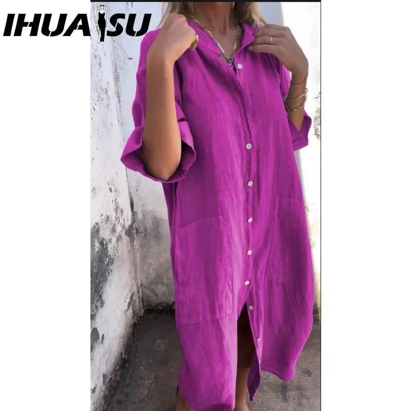 IHUASU Women's Fashion Summer Spring Solid Color Print POLO Neck High Waist Casual Dresses