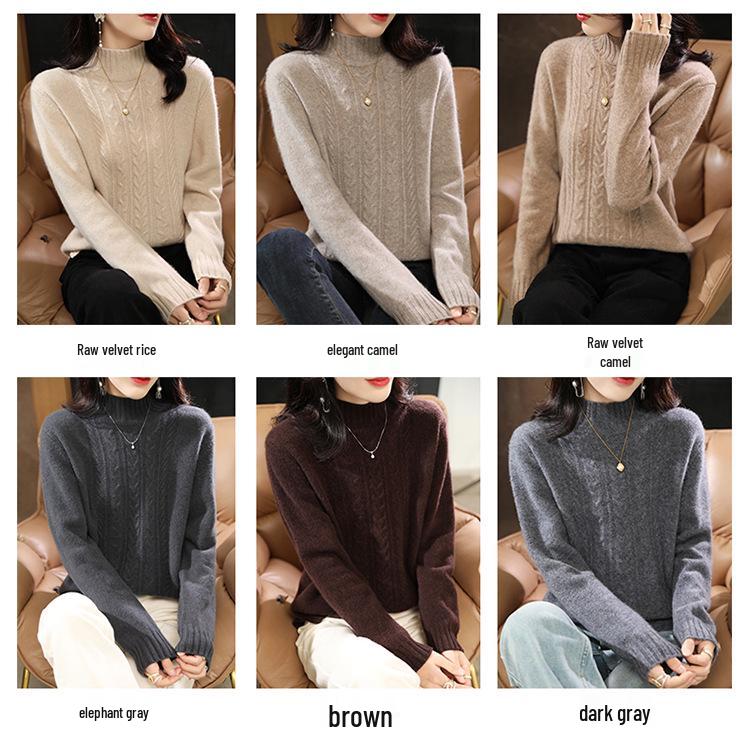 Women's Cable Knit Wool Sweater - High Neck, Thick, Long Sleeve, Autumn/Winter