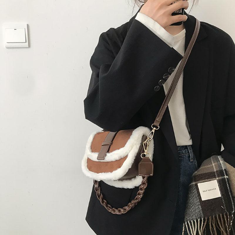 Retro Suede Faux Fur Crossbody Bag Women's Korean Winter New Lamb Hair Mini Square Bag Fashion All-in-one Commuter Shoulder Bag