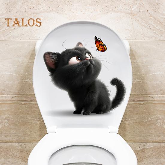 Svart Katt Fjäril Toalettklistermärke Vattentät Avtagbar Självhäftande PVC Vardagsrum Badrum Väggkonst Tecknad Kattunge Toalettlock Dekoration