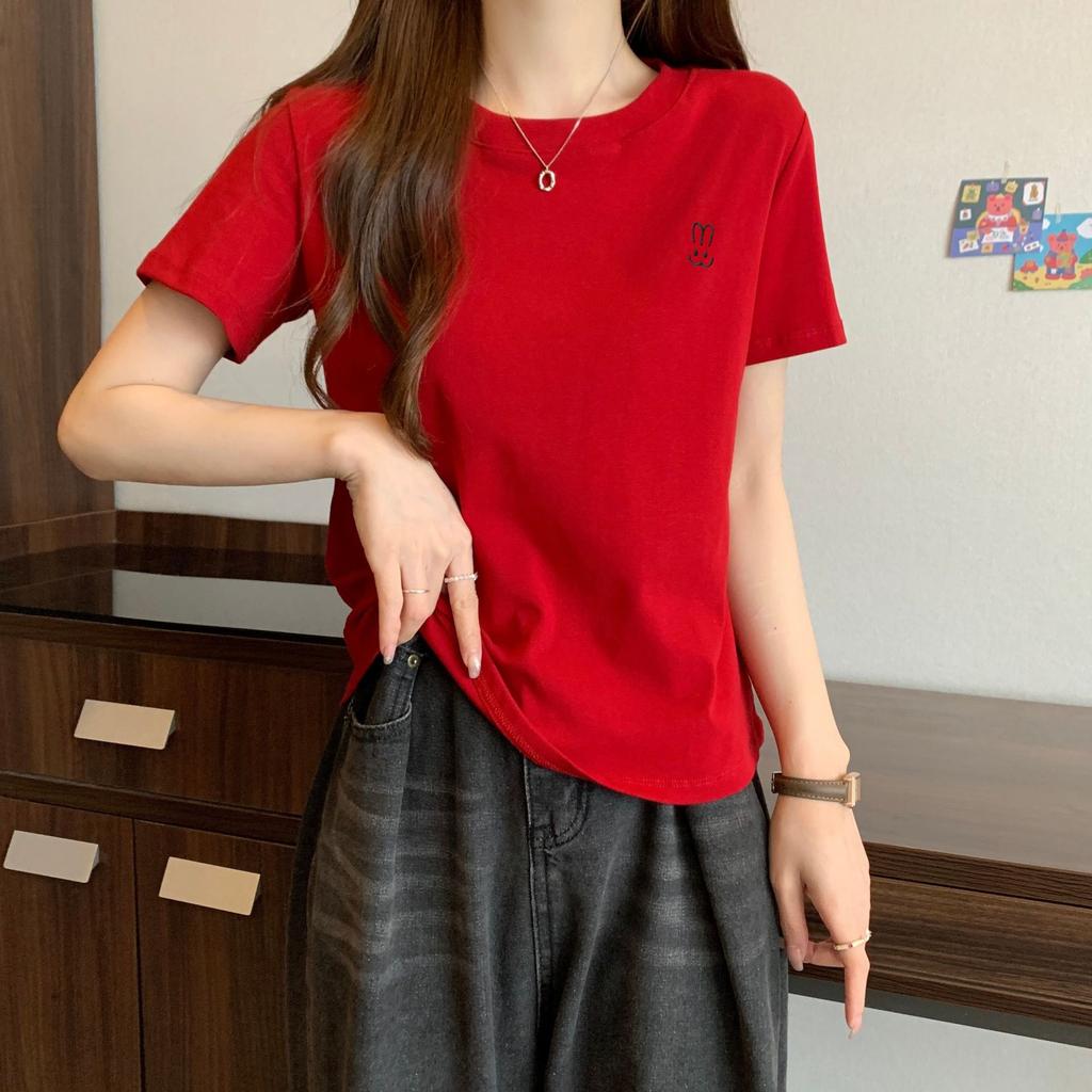 Solid Color Round Neck White Front Shoulder Short-sleeved T-shirt for Women In Summer Loose Slim Bottom Shirt Top Short-sleeved Women