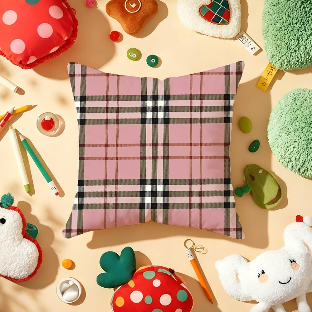 Classic Pink Plaid Cushion Cover Soft Short Plush DoubleSided Printing Home Decor Machine Washable Pillow Case Gift