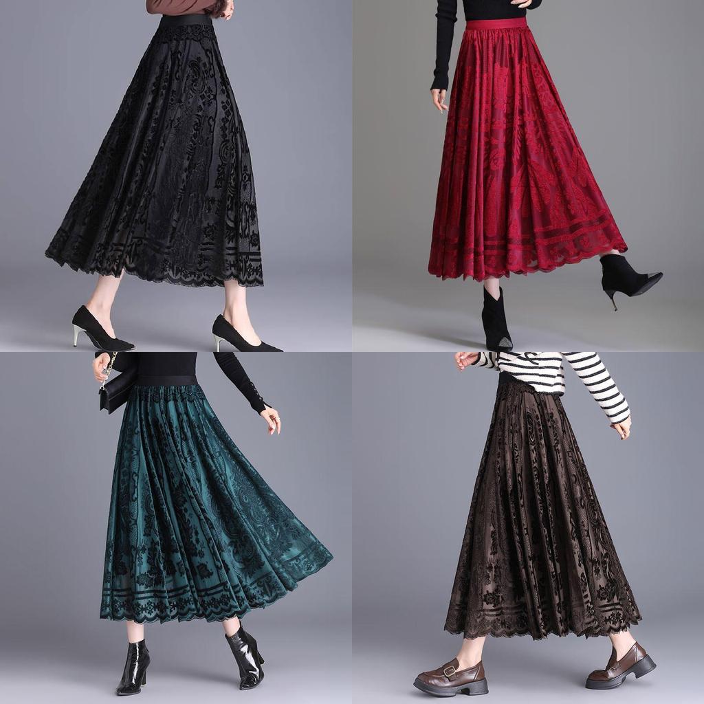 Velvet Pleated Skirt For Women With Lace Detailing And High Waist For Fall Winter