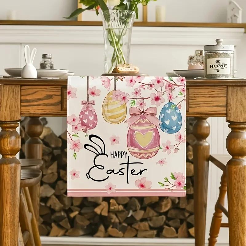 Easter Bunny Egg Tulip Linen Table Runner Holiday Party Decor Spring Cherry Blossoms Table Runnes for Kitchen Dining Table Decor