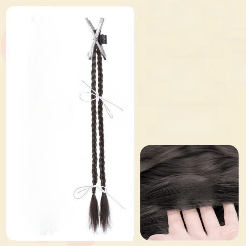 

1pcs Ribbon Bowknot Double Ponytail Natural Twisted Fake Braids Sweet Wig Clip Hair Accessory