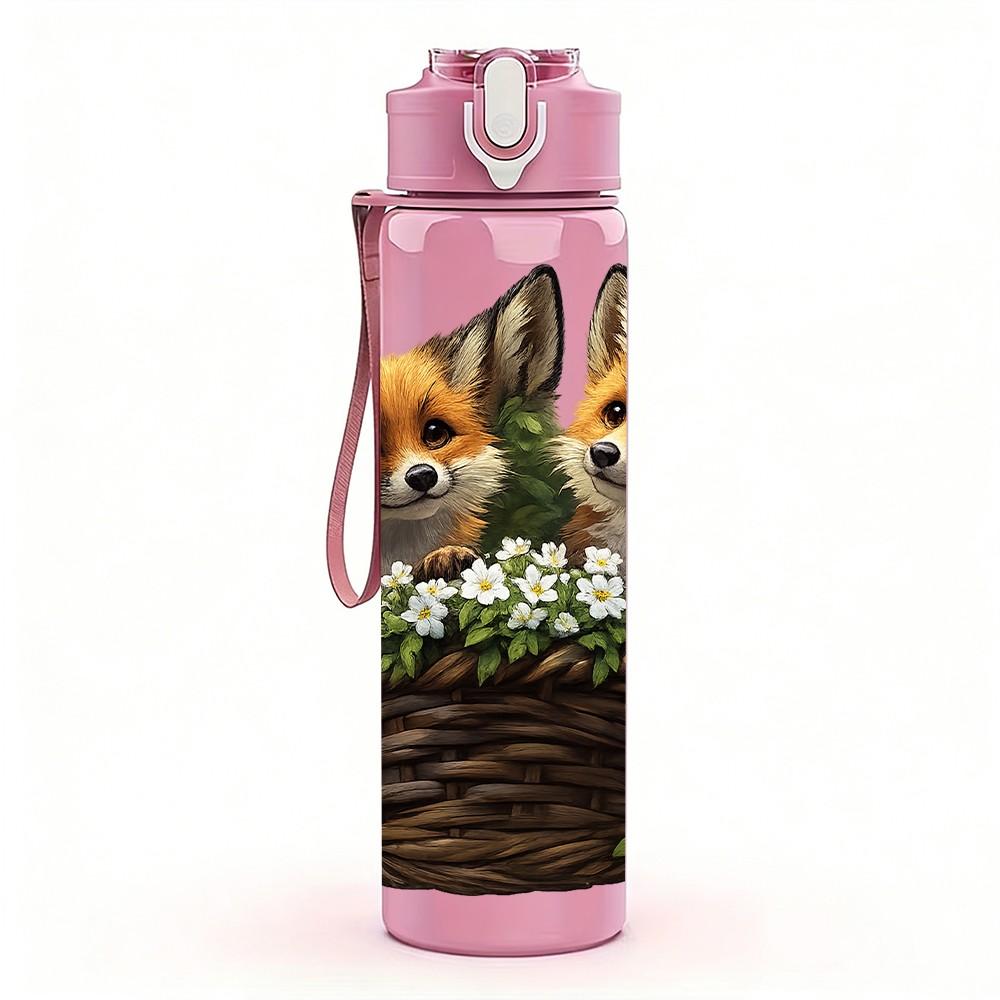 1PC Two Fox In Woven Basket Print 750ml Color Plastic Sports Water Bottle Leakproof Flip Straw Lid Suitable for Sports Office Home Use