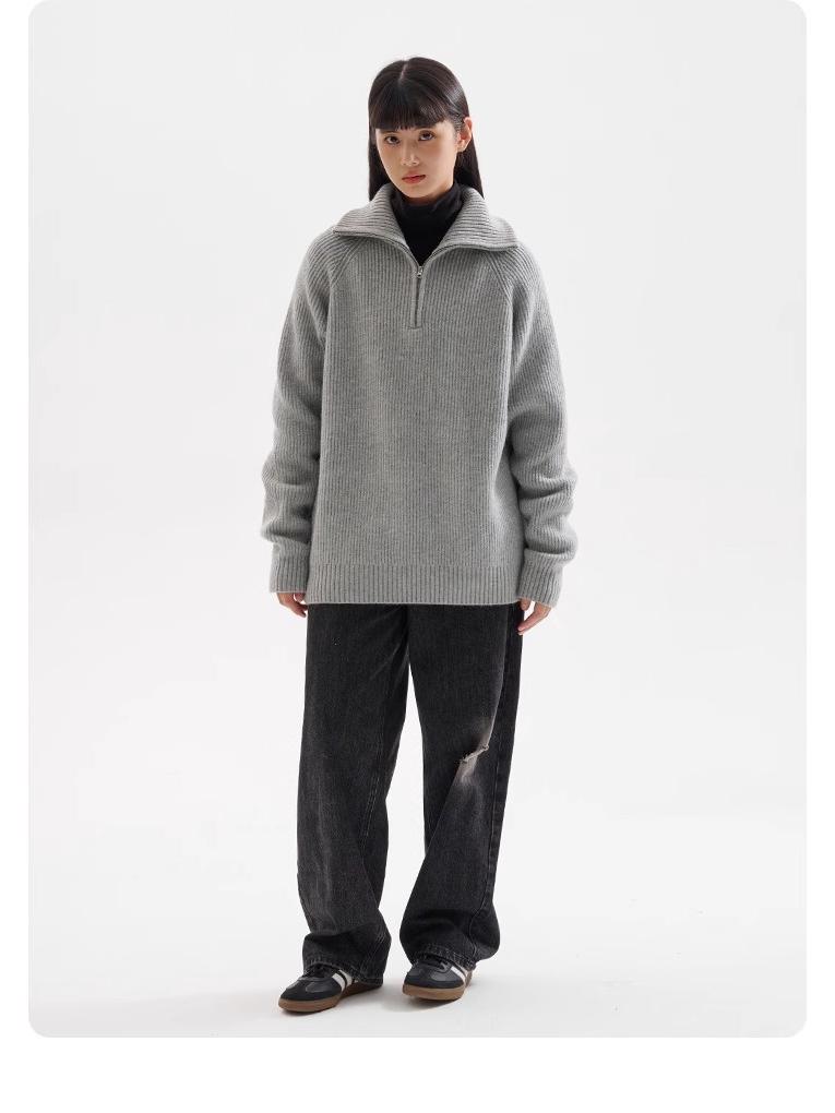 Men's High-Neck Half-Zip Thick Knit Sweater, Retro Loose-Fit Pullover for Autumn/Winter