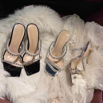 High-heeled Rhinestone Square Head Niche Design One-word Slippers Women's 2025 Summer New White Heightening Wine Glass Cool Slippers