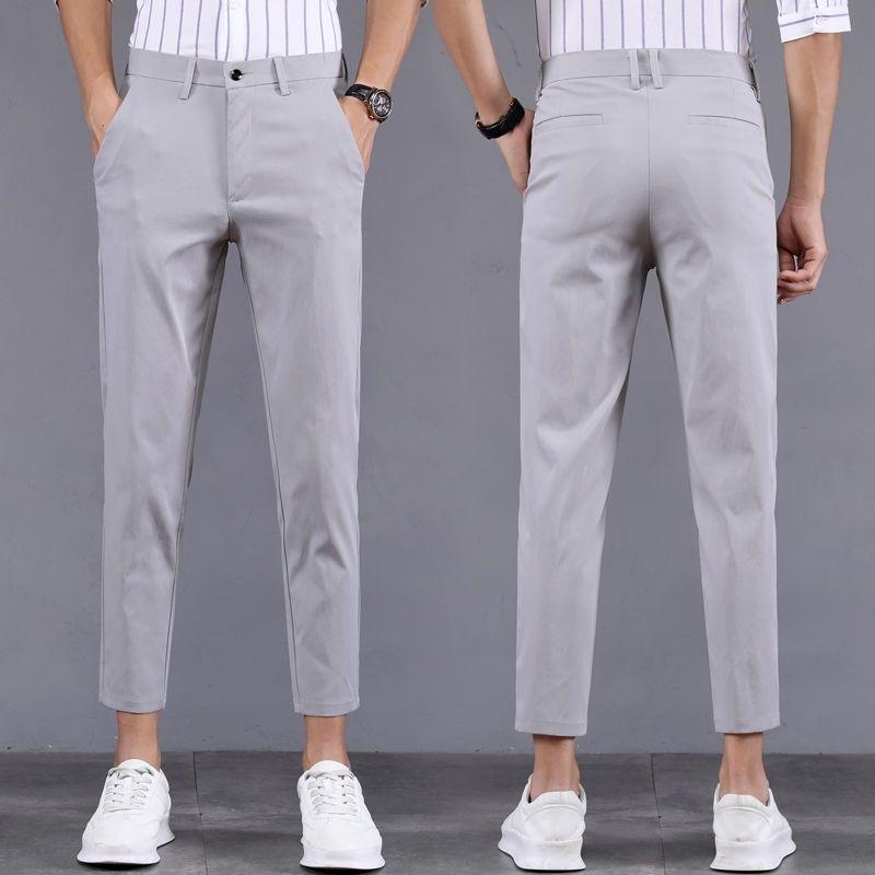 Summer ice silk nine-point trousers men's air-conditioning pants trendy slim-fitting small foot suit casual summer pants thin