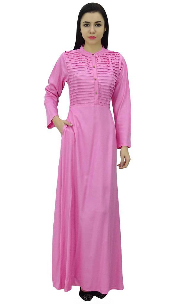 Bimba Women's Long Sleeve Maxi Mandarin Collar Plain Jilbab Dress With