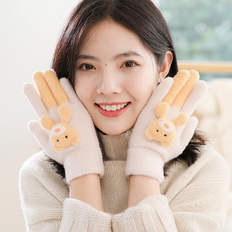 Children's gloves autumn cute cartoon five-finger girls middle-aged children kindergarten primary school students plush warm and cold