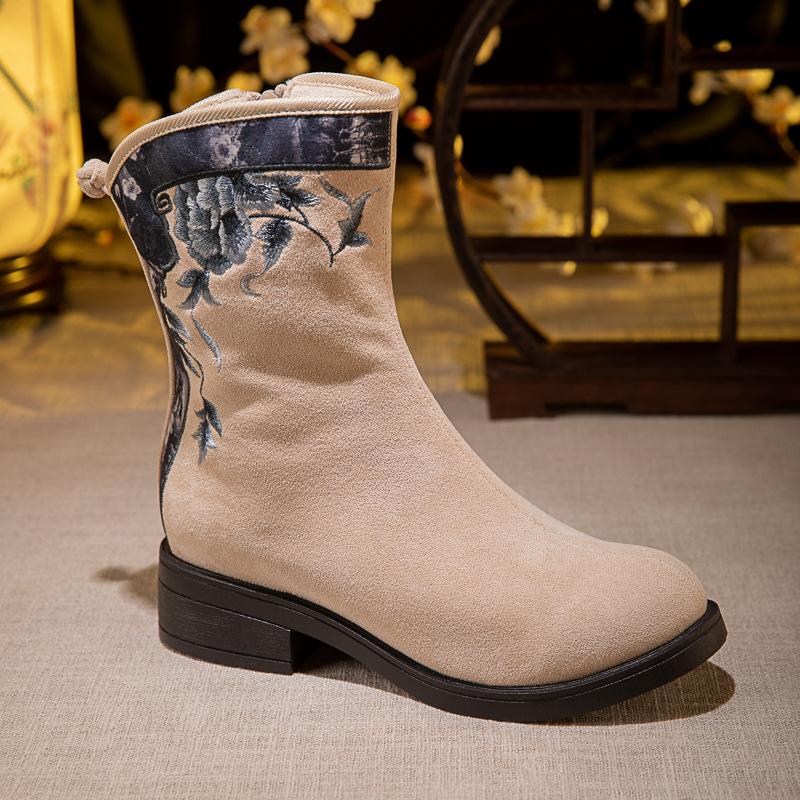 

Зимние теплые ботинки для женщин, ботильоны с вышивкой на низком каблуке, женские ботинки для ходьбы с подкладкой из искусственного меха и молнией сбоку 35