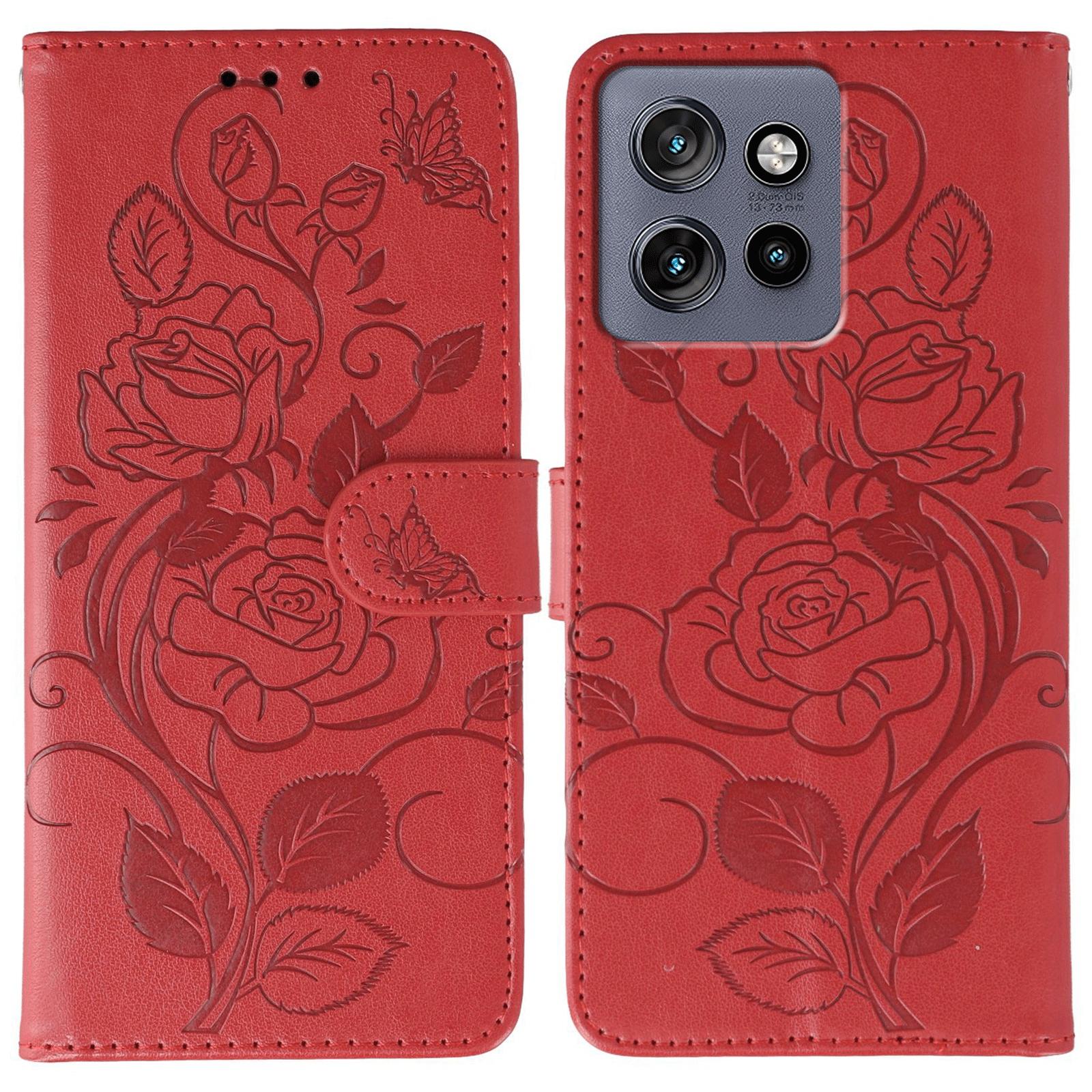 

Phone Case For Motorola Edge 50 Neo 5G/Moto S50 5G/ThinkPhone 25 Wallet Stand Imprinted Rose Butterfly PU Leather Cover Red