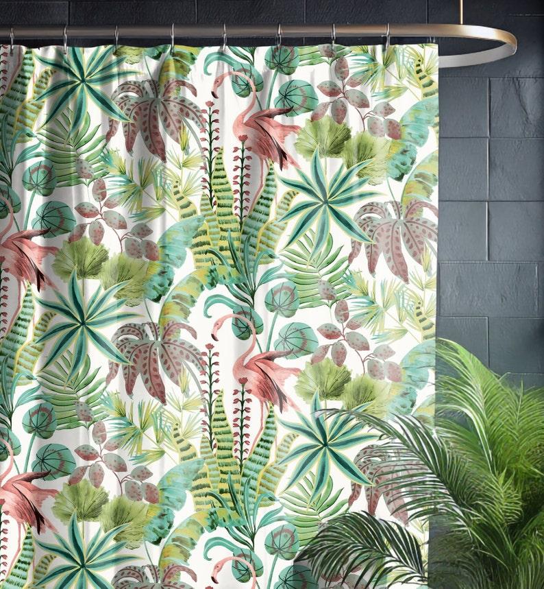 Tonnika Chen Green William Morris Inspired Shower Curtain - Tropical Flamingo & Plants Design, Retro Beach Vibes