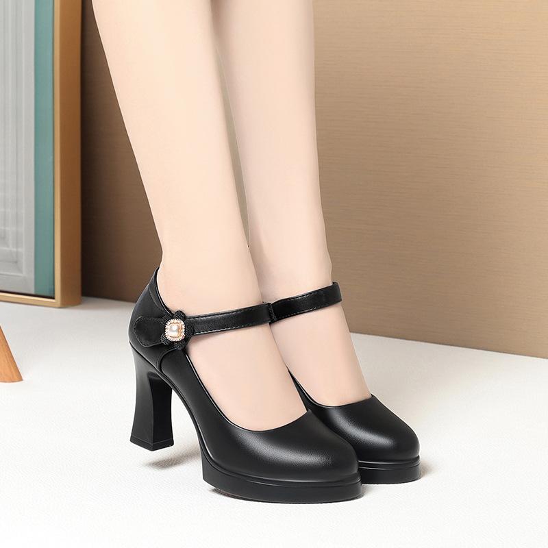 One-word buckle high-heeled waterproof stage catwalk with cheongsam shoes temperament single shoes, leather shoes