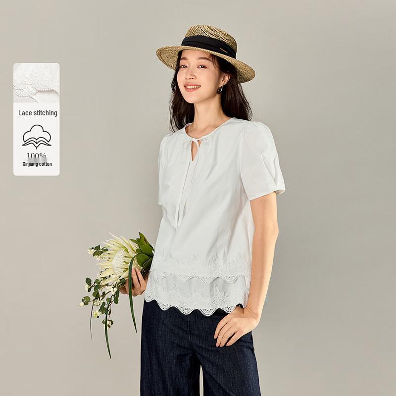 INMAN Women s Lace Splice Tie-up Cotton Short Sleeve Shirt XL
