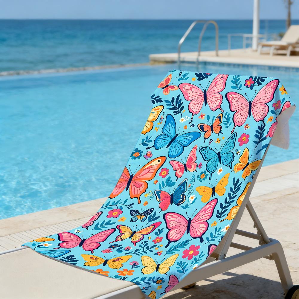 Colorful Butterfly & Floral Beach Towel – Oversized Quick Dry Sand Free with Pink & Blue Print for Spring