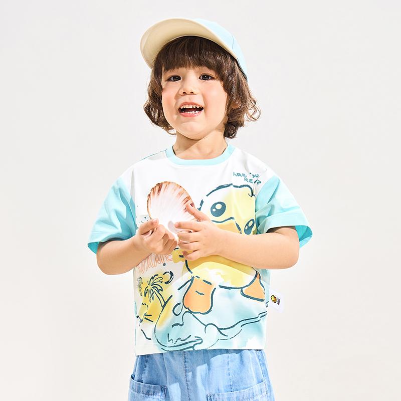B. Duck Yellow Duck Children's Clothing Printed Cute Color Blocked Summer New Men's Breathable Short Sleeved Top