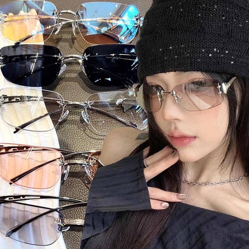 Women Girls Korean Y2K Square Frameless Anti Blue Light Glasses High-end and Spicy Style Sunglasses