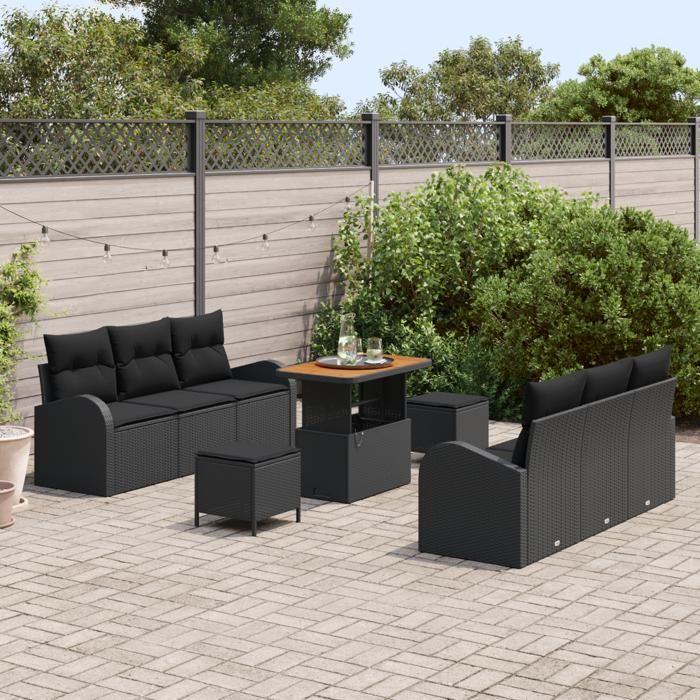 Canapé de Jardin 9 Pièces avec Coussins Noir Poly Rotin Acacia, Canapé de Jardin 2 Places avec Coussins Noir Poly Rotin, 3362349
