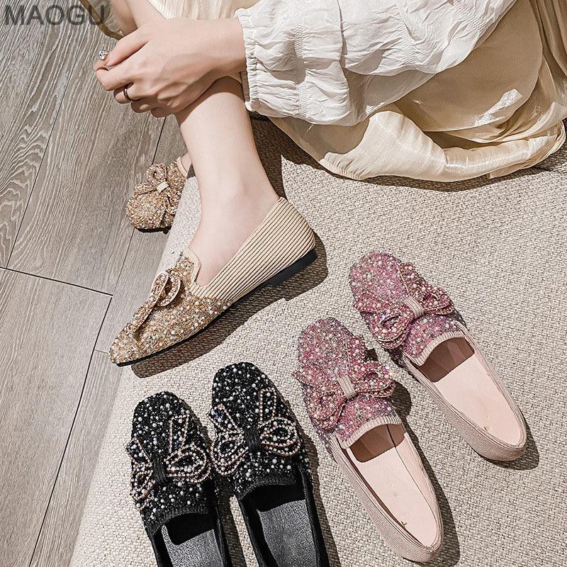 Crystal Rhinestone Beaded Women Low Heel Pumps Elegant Square Toe Ladies Fashion Slip-on Loafers Bowknot Flats Size 34-43 Shoes