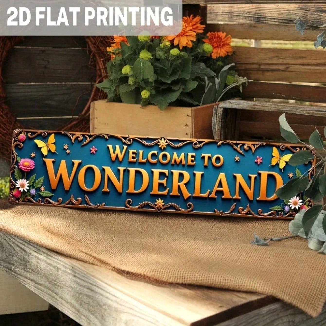 

Vintage Welcome to Wonderland Metal Sign Floral Butterfly Design Blue Yellow Romantic Wall Decor for Home разноцветный