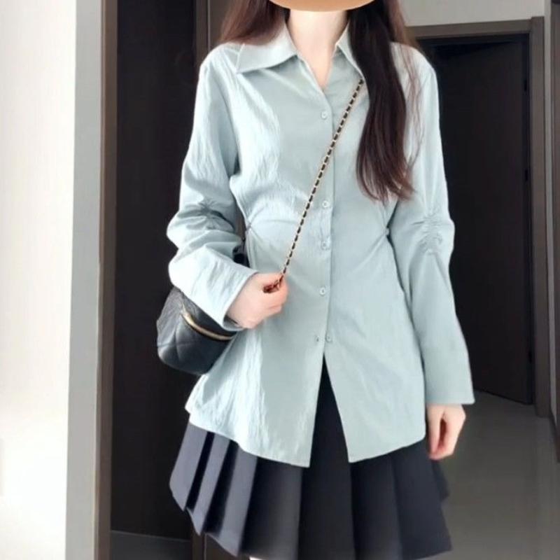 

Синяя приталенная женская рубашка с длинным рукавом, уникальный дизайн рукава, элегантная блузка, корейский стиль для работы, женские топы XXL синий