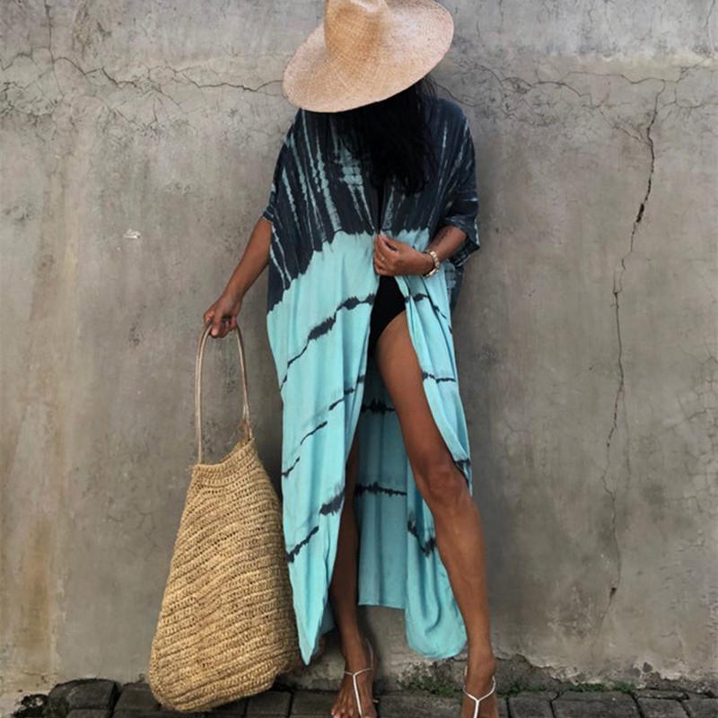 2022 Bikini Cover-ups Black Retro Striped Self Belted Plus Size WomenSummer Kimono Dress Beach Wear Swim Suit Cover Up Q1225