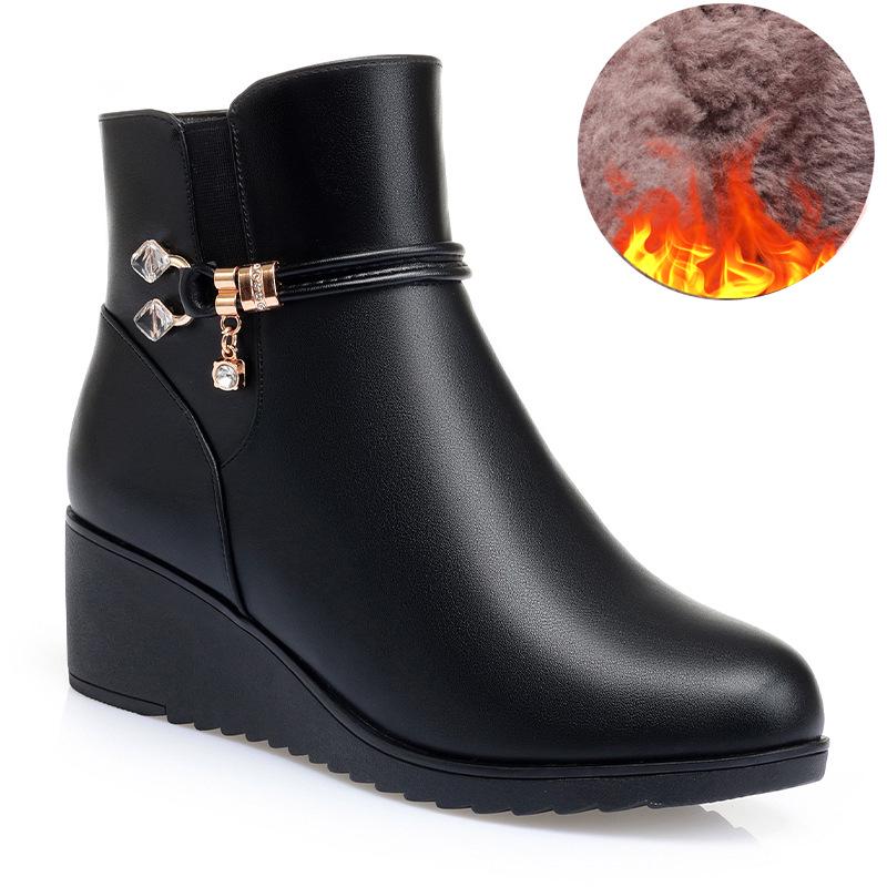 Vielseitige Damen Leder Keilabsatzstiefel in Übergröße - Weiche Sohle, Baumwolle, Plus Samt Warm, Herbst/Winter