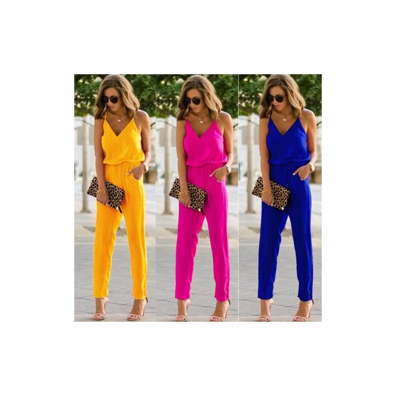 Eleganter Damen-Jumpsuit mit Spaghettiträgern, weitem Bein und V-Ausschnitt