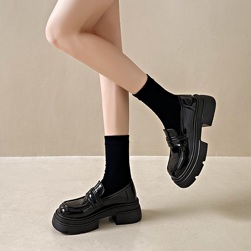 Platform Thick Heel British Style Small Leather Shoes Women's 2025 New Spring and Autumn One-pedal Fairy Style Women's Shoes Jk Single Shoes Black