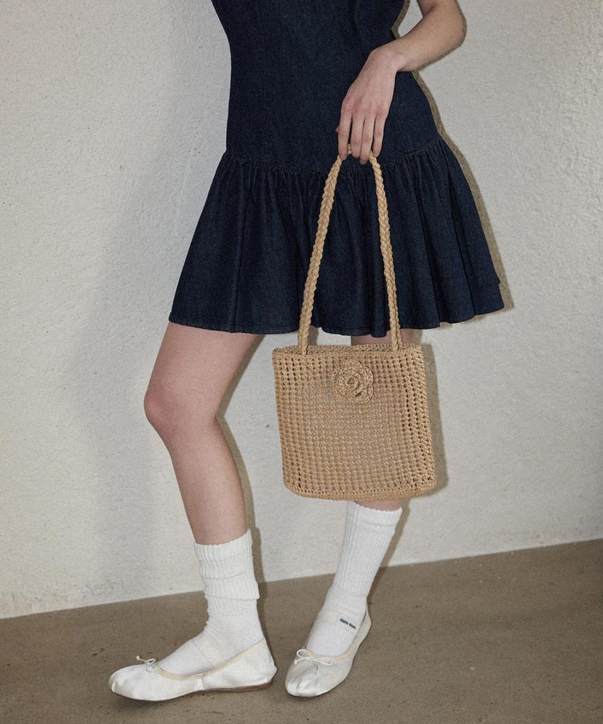 Slowslowly Camellia Handmade Crochet Raffia Shoulder Bag _ Natural Beige