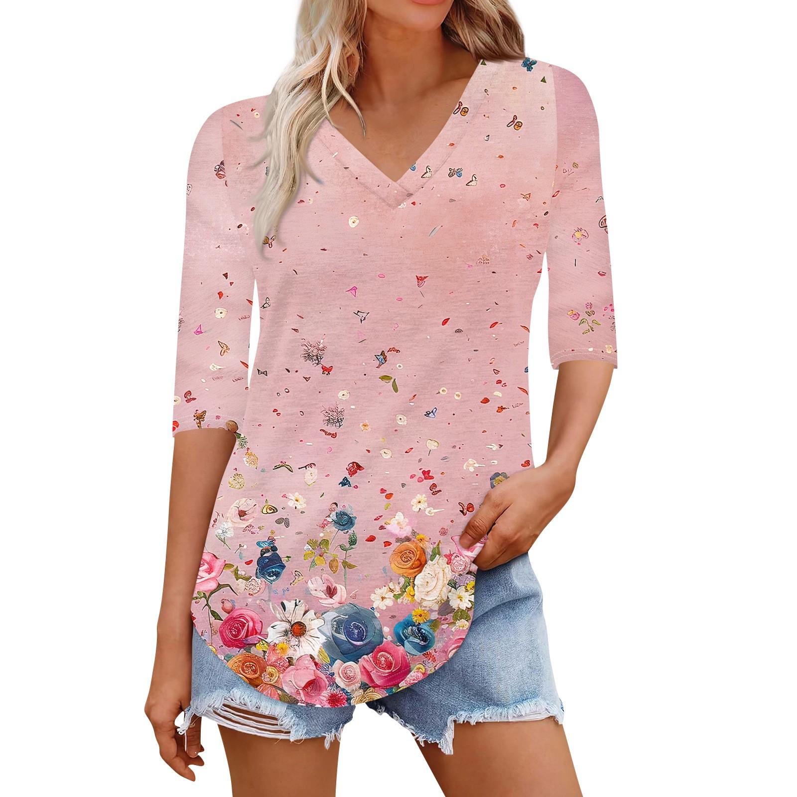 

Рубашки для женщин Модные футболки с V-образным вырезом Повседневные блузки с принтом Топы с коротким рукавом для женщин XL розовый