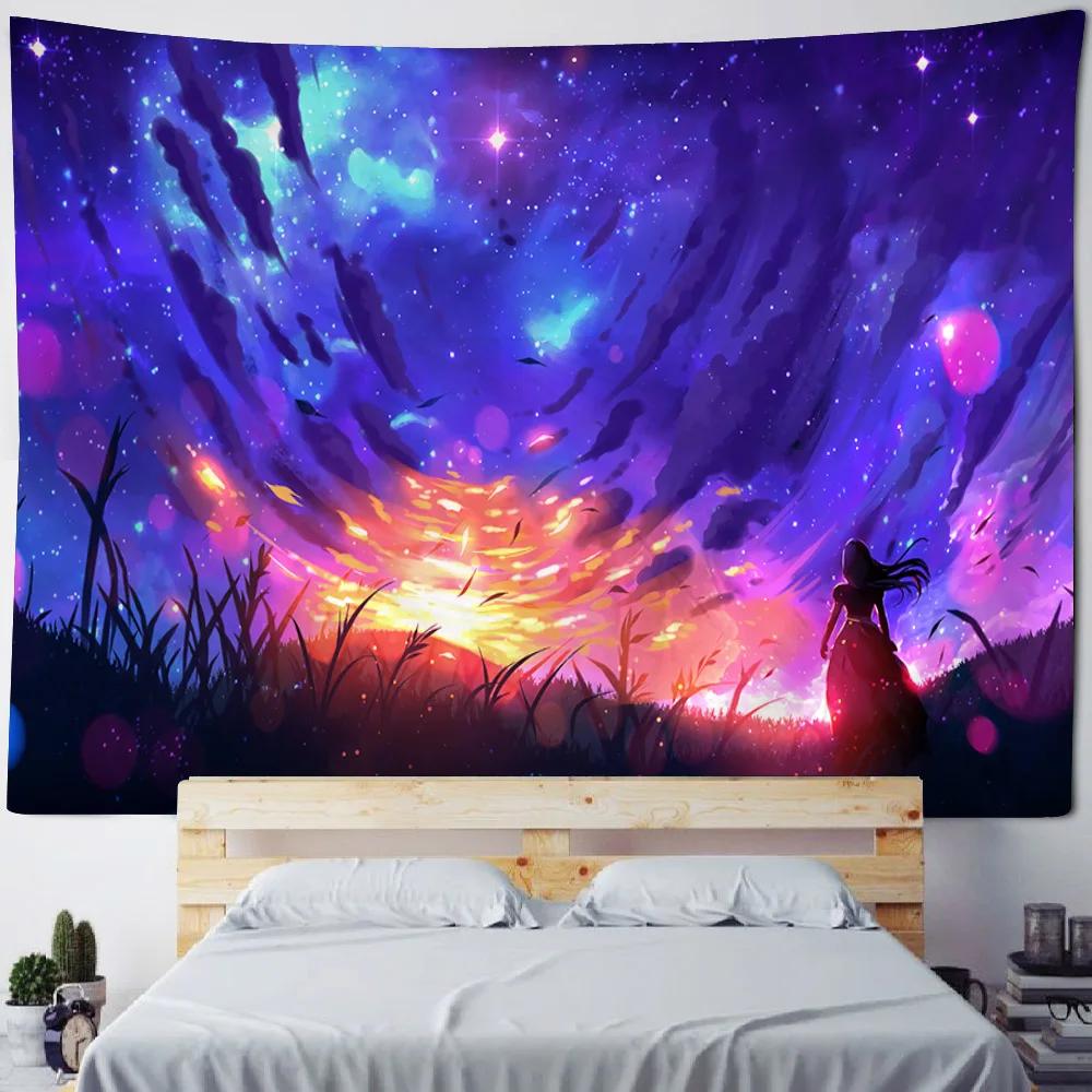 Cartoon Starry Sky Art Tapestry Pink Cloud Moon Wall Hanging Cloth Children's Room Decoration Kawaii Wall Decoration Tapestry