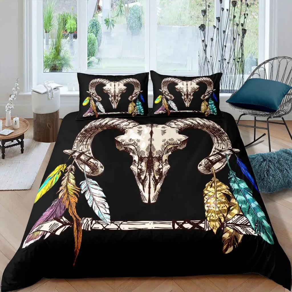 Cow Skull Duvet Cover Queen Sunflower Cattle/Bull Skeleton Bedding Set Botanical Floral Leaves Boho Tribal Polyester Quilt Cover