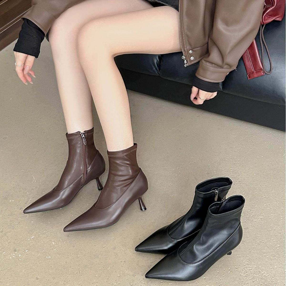 

2025 новые остроносые на высоком каблуке замшевые вставки молния низкий голенище тонкие модные ботинки челси мартин женские 39