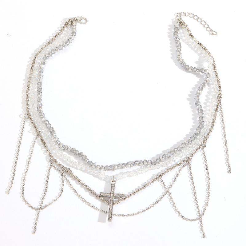 Hot-selling tassel diamond cross pendant necklace female niche hip-hop design sense multi-layer winding collarbone chain